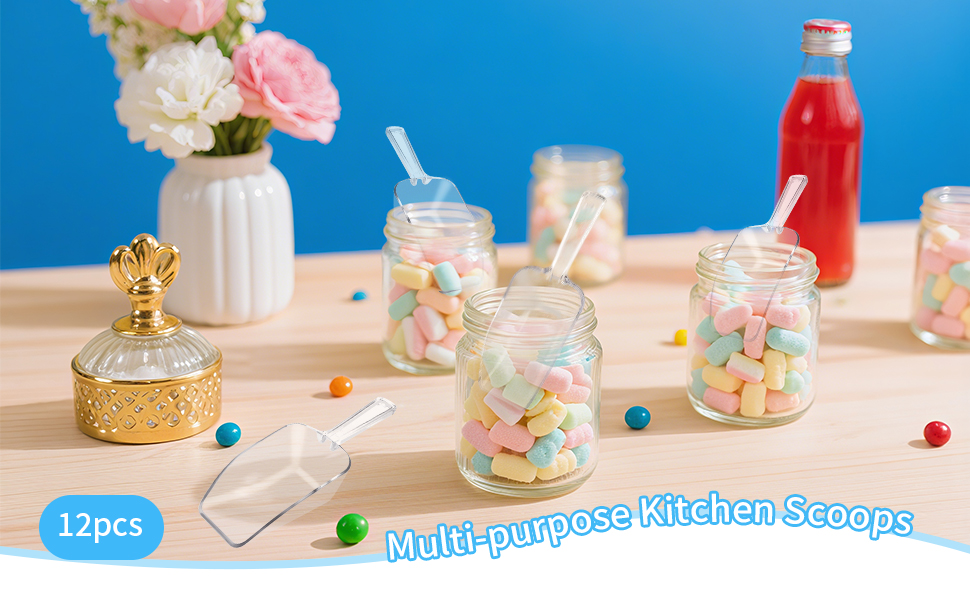 12 Pcs Clear Plastic Ice Scoop, Medium Multi Purpose Plastic Ice Scoop Sets, Ices Cube Scoops for Freezer Ices Machine Dry Goods Canisters Candy Buffet Kitchen Food Coffee Wedding Desserts(6.7 Inch)