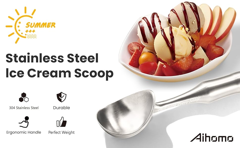 304 Stainless Steel Ice Cream Scoop, All Metal Ice Cream Scooper One-Piece Design, Heavy Duty Scoops with Comfortable Non-Slip Handle, Dishwasher Safe, Summer Gift