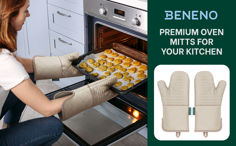 Beneno Kitchen Oven Mitts 2-Pack Heat Resistant to 500°F with Non-Slip Silicone Grip, Extra Long 14.3