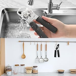 Can Opener Manual with Magnet, Heavy Duty Hand Held Can Opener with Sharp Stainless Steel Blade Easy to Use, Effortless Turn Knob, Soft Comfortable Handle, Built-In Bottle Openers, Black