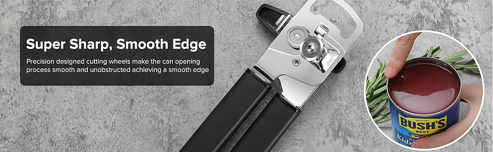 Can Opener Manual with Magnet, Heavy Duty Hand Held Can Opener with Sharp Stainless Steel Blade Easy to Use, Effortless Turn Knob, Soft Comfortable Handle, Built-In Bottle Openers, Black