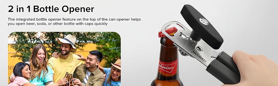 Can Opener Manual with Magnet, Heavy Duty Hand Held Can Opener with Sharp Stainless Steel Blade Easy to Use, Effortless Turn Knob, Soft Comfortable Handle, Built-In Bottle Openers, Black