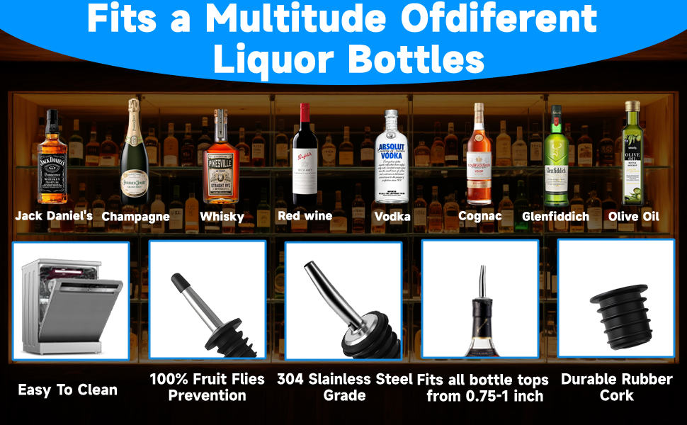 6PCS Stainless Steel Liquor Bottle Pourers,Oil Bottle Spouts for Liquor with 6 Adapters, Oil Pourer Spout with Rubber Dust Caps, Olive Oil Dispenser Spout for Alcohol, Wines, Spirits,Coffee