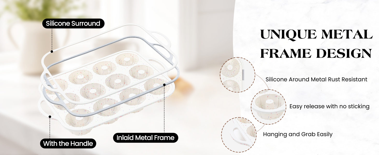 Vinino Silicone Mini Fluted Tube Cake Pans with Metal Reinforced Frame, 12-Cavity Mini Flan Molds, Non-stick Cupcakes Pans for Baking, Donuts, Muffins, Cornbread, Brownies, Jellies