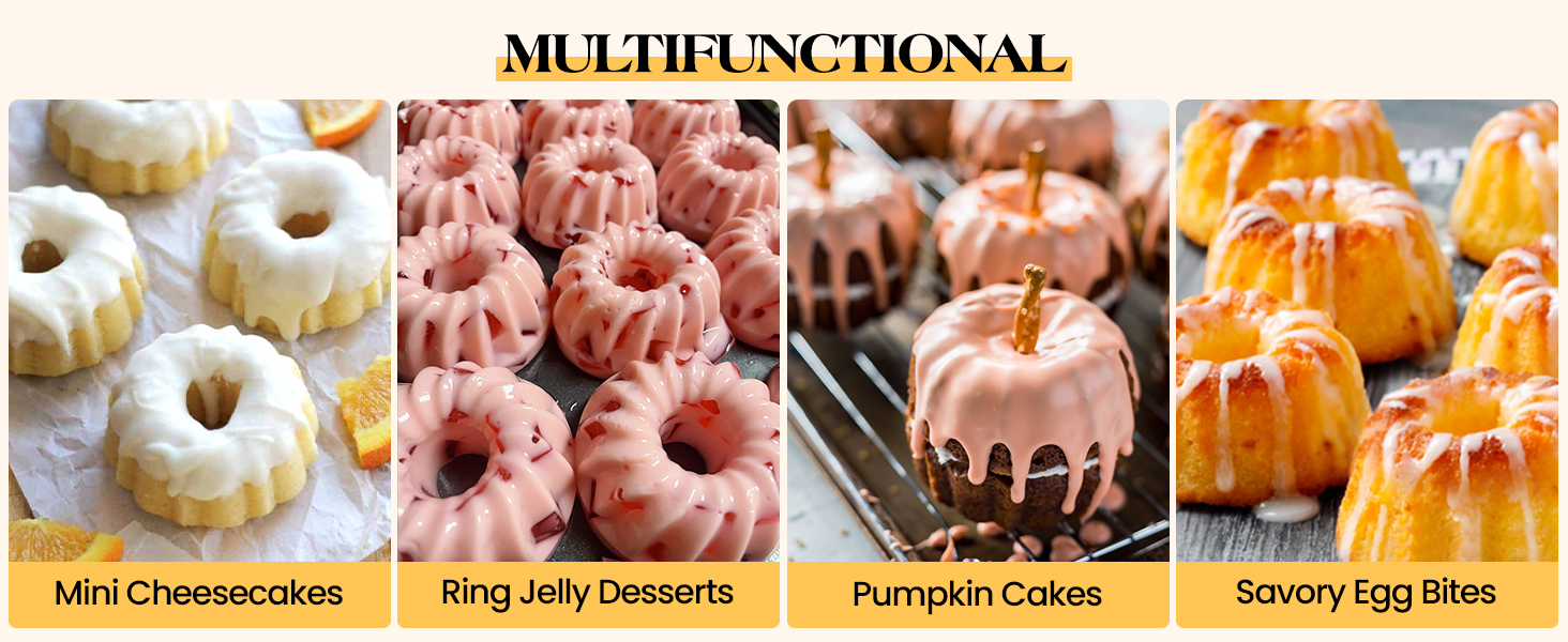 Vinino Silicone Mini Fluted Tube Cake Pans with Metal Reinforced Frame, 12-Cavity Mini Flan Molds, Non-stick Cupcakes Pans for Baking, Donuts, Muffins, Cornbread, Brownies, Jellies