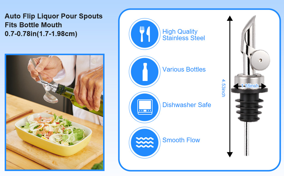 12PCS Weighted Liquor Pour Spout, Stainless Steel Liquor Bottle Pourers, Auto Flip Olive Oil Spout Bottle Pourers for Wine Syrup Vinegar Home Bar Accessories