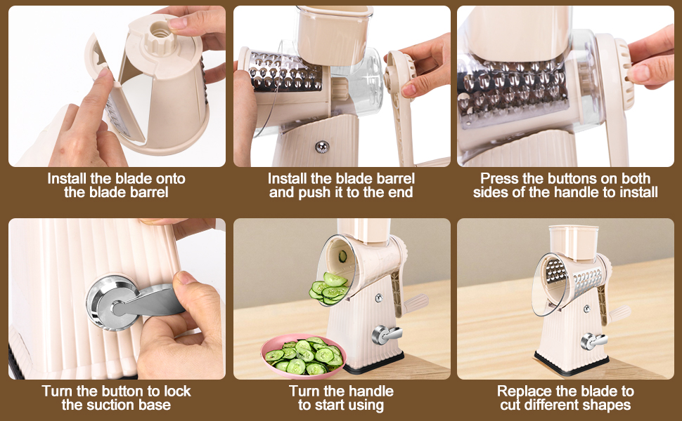 Rotary Cheese Grater with 5 Well-designed Blades & Strong Suction Base, Kitchen Mandoline Vegetable Slicer with Blade Storage Box(Off-white)