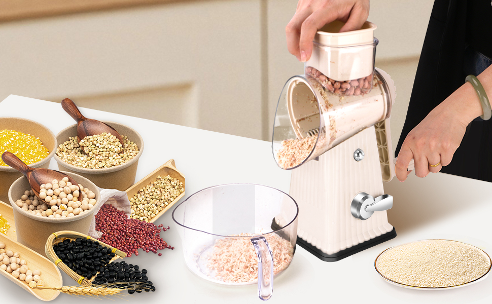 Rotary Cheese Grater with 5 Well-designed Blades & Strong Suction Base, Kitchen Mandoline Vegetable Slicer with Blade Storage Box(Off-white)