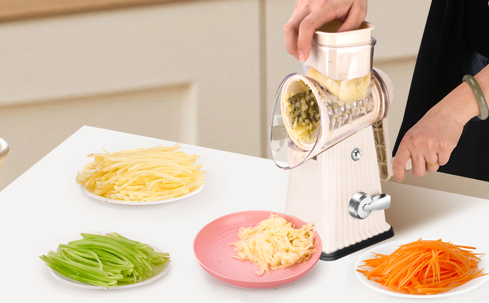 Rotary Cheese Grater with 5 Well-designed Blades & Strong Suction Base, Kitchen Mandoline Vegetable Slicer with Blade Storage Box(Off-white)