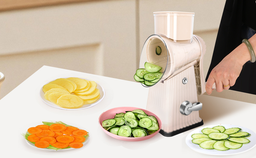 Rotary Cheese Grater with 5 Well-designed Blades & Strong Suction Base, Kitchen Mandoline Vegetable Slicer with Blade Storage Box(Off-white)