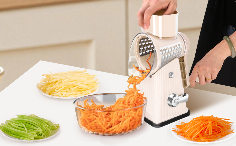 Rotary Cheese Grater with 5 Well-designed Blades & Strong Suction Base, Kitchen Mandoline Vegetable Slicer with Blade Storage Box(Off-white)