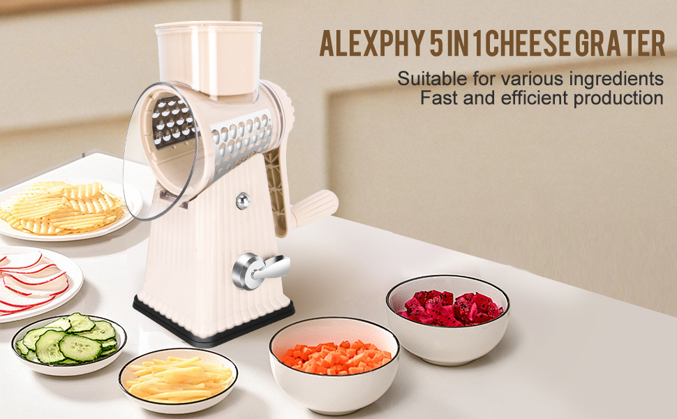 Rotary Cheese Grater with 5 Well-designed Blades & Strong Suction Base, Kitchen Mandoline Vegetable Slicer with Blade Storage Box(Off-white)