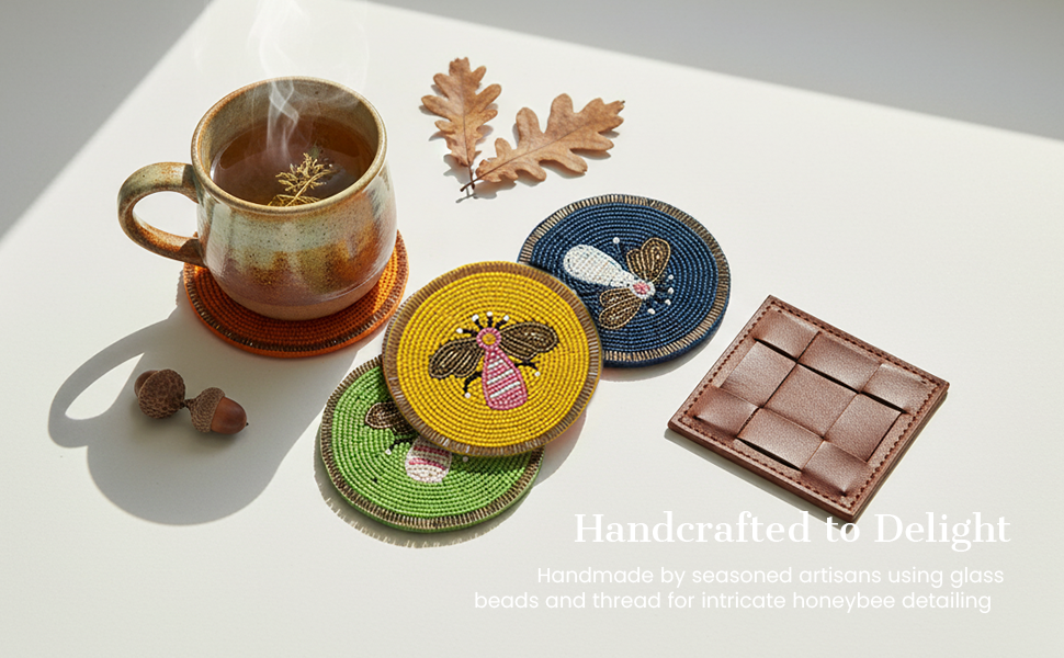 Beaded Coaster Set of 4 – Multicolor Glass-Bead Drink Coasters, Boho Table Decor for Dining & Gifting