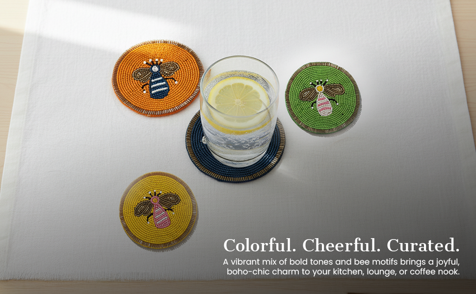 Beaded Coaster Set of 4 – Multicolor Glass-Bead Drink Coasters, Boho Table Decor for Dining & Gifting