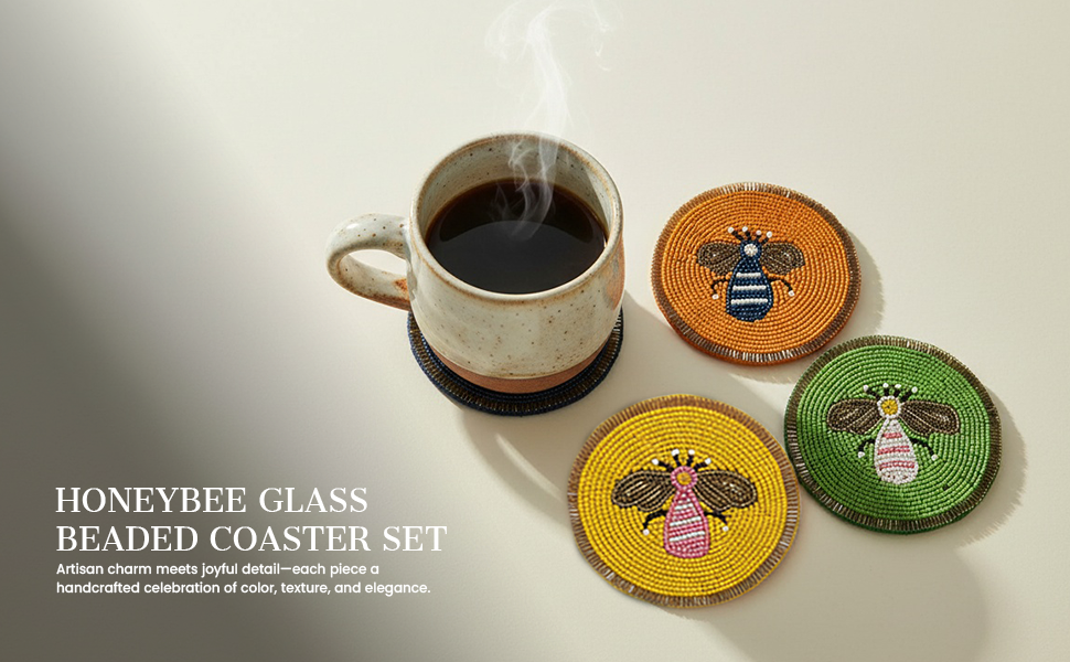 Beaded Coaster Set of 4 – Multicolor Glass-Bead Drink Coasters, Boho Table Decor for Dining & Gifting