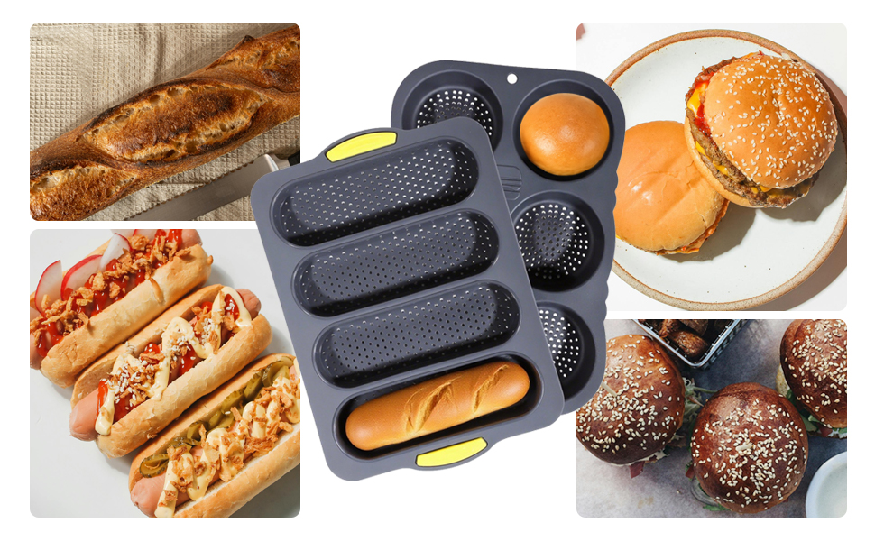Hamburger Bun Pan and Baguette Pan With Spatula Brush, Silicone Hamburger Bun Pans for Baking, Nonstick French Bread Baking Pan for Baking Homemade Bread (Black)