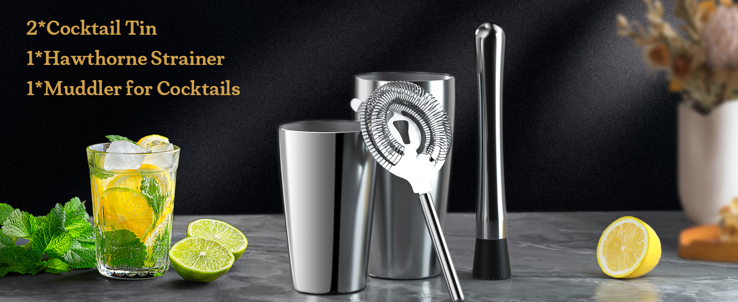 Stainless Steel Cocktail Shaker, 3-Piece Mixology Bartender kit, Bar Set with 18oz & 28oz Mixed Drink Shaker, Cocktail Tin Hawthorne Strainer
