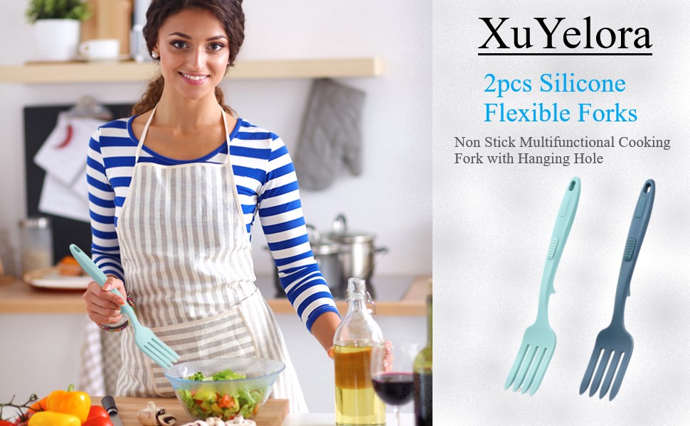 2pcs Silicone Flexible Forks, Non Stick Cooking Fork Multifunctional Spaghetti Fork Heat Resistan-t Baking For-k with Hanging Hole, for Stir Mix Mash(COLOR:Lake Blue, Dark Blue)