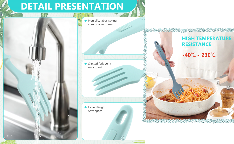 2pcs Silicone Flexible Forks, Non Stick Cooking Fork Multifunctional Spaghetti Fork Heat Resistan-t Baking For-k with Hanging Hole, for Stir Mix Mash(COLOR:Lake Blue, Dark Blue)