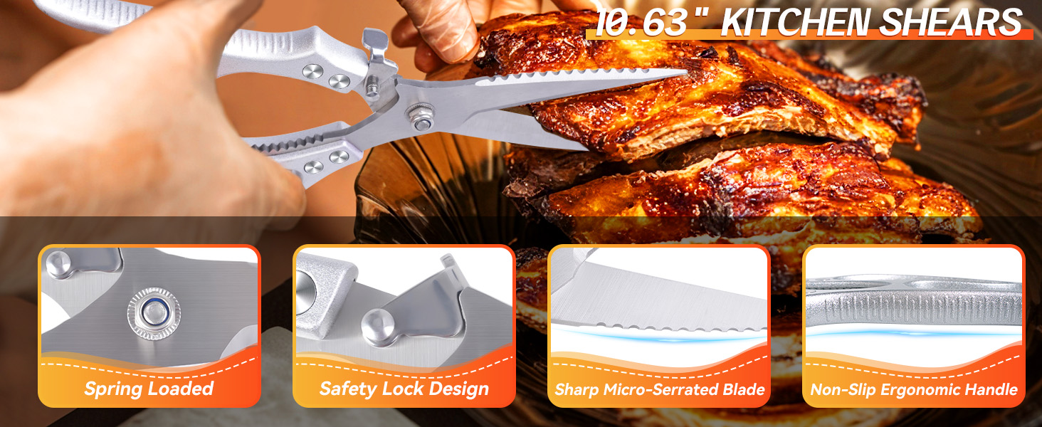 MDHAND Heavy Duty Poultry Shears, Kitchen Food Scissors All Purpose for Meat Cutting, Chicken Fish Fruit Vegetables, Dishwasher Safe Kitchen Shears with Anti-Slip Handle & Safety Lock, Spring Loaded