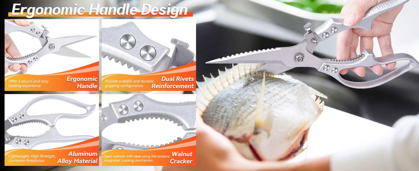 MDHAND Heavy Duty Poultry Shears, Kitchen Food Scissors All Purpose for Meat Cutting, Chicken Fish Fruit Vegetables, Dishwasher Safe Kitchen Shears with Anti-Slip Handle & Safety Lock, Spring Loaded