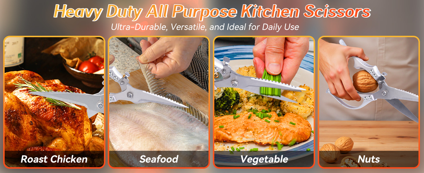MDHAND Heavy Duty Poultry Shears, Kitchen Food Scissors All Purpose for Meat Cutting, Chicken Fish Fruit Vegetables, Dishwasher Safe Kitchen Shears with Anti-Slip Handle & Safety Lock, Spring Loaded