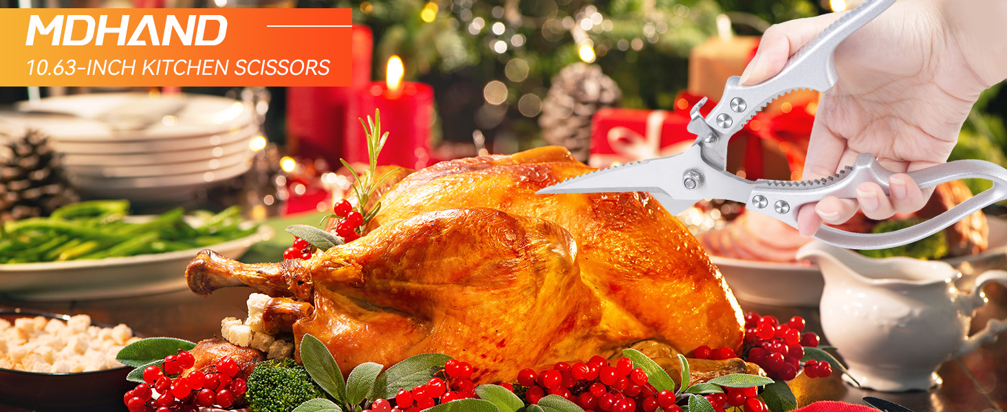 MDHAND Heavy Duty Poultry Shears, Kitchen Food Scissors All Purpose for Meat Cutting, Chicken Fish Fruit Vegetables, Dishwasher Safe Kitchen Shears with Anti-Slip Handle & Safety Lock, Spring Loaded