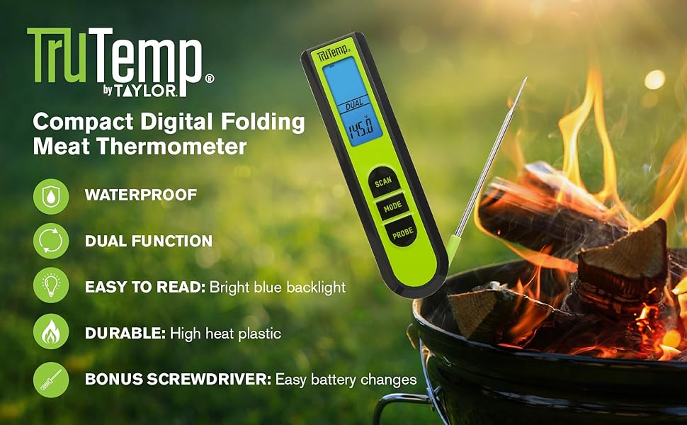 Taylor TruTemp Dual Instant Read Infrared Meat and Food Thermometer, Digital for Cooking, IPX5 Splash Proof Design, Plus Meat Probe for BBQ, Kitchen, Smoker, and Grilling, Green