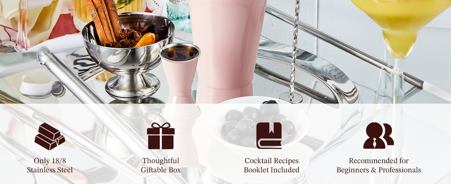 KITESSENSU Cocktail Shaker Set, Stainless Steel Martini Shaker with Bartender Strainer, Measuring Jigger, Bar Mixing Spoon, Cocktail Recipe Included, Pink