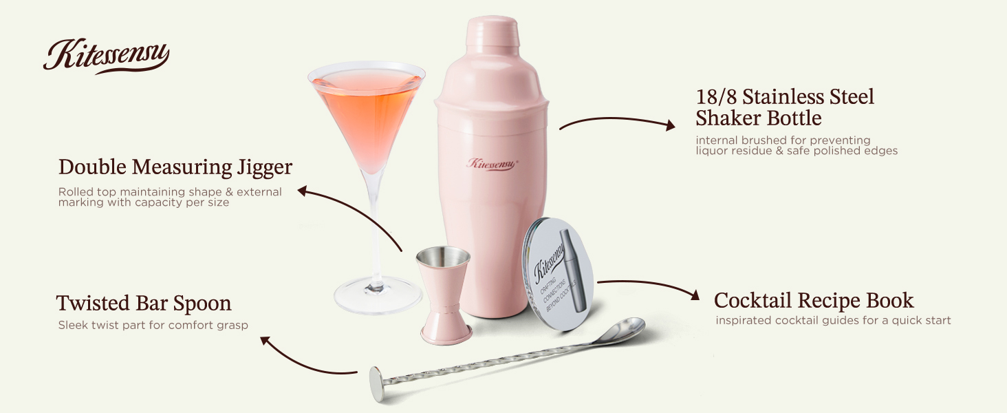 KITESSENSU Cocktail Shaker Set, Stainless Steel Martini Shaker with Bartender Strainer, Measuring Jigger, Bar Mixing Spoon, Cocktail Recipe Included, Pink