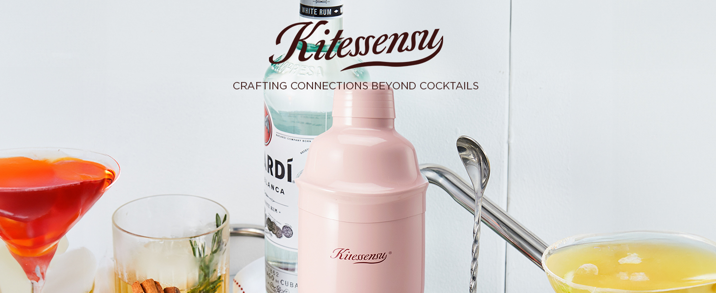 KITESSENSU Cocktail Shaker Set, Stainless Steel Martini Shaker with Bartender Strainer, Measuring Jigger, Bar Mixing Spoon, Cocktail Recipe Included, Pink