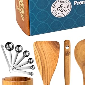 Complete 9-Piece Wooden Kitchen Utensil Set with Holder and Stainless Steel Measuring Spoons - Non-Toxic Wood Spatulas for Cooking, Safe for Non-Stick & Cast Iron Cookware