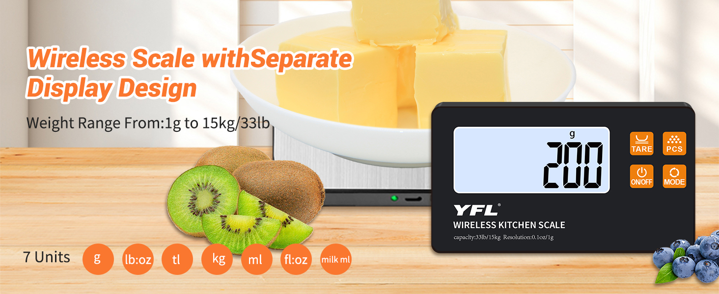 YFL Wireless Kitchen Scale with Detachable Remote Display, 33lb High Precision Digital Scale 1g/0.1oz, Tare Function 7 Units Food Scale for Cooking, Baking, Meal Prep & Dieting