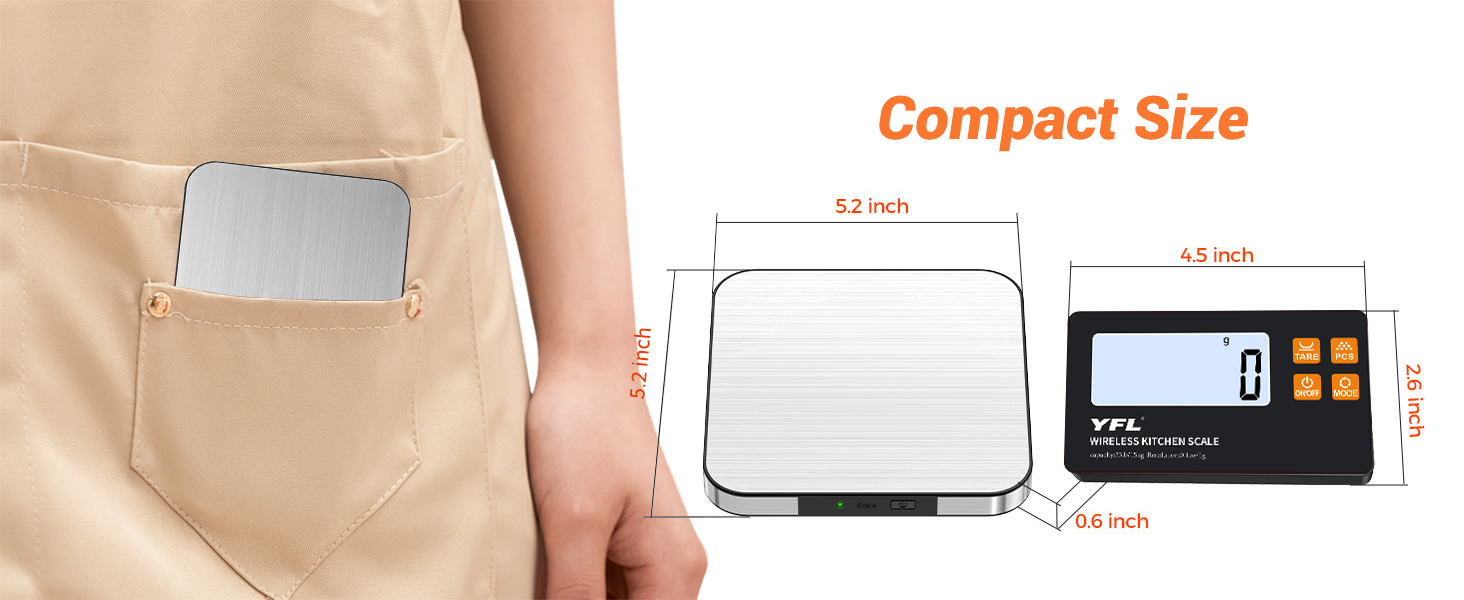 YFL Wireless Kitchen Scale with Detachable Remote Display, 33lb High Precision Digital Scale 1g/0.1oz, Tare Function 7 Units Food Scale for Cooking, Baking, Meal Prep & Dieting