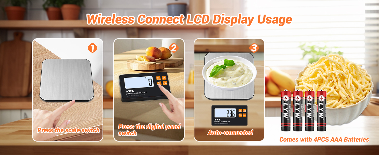 YFL Wireless Kitchen Scale with Detachable Remote Display, 33lb High Precision Digital Scale 1g/0.1oz, Tare Function 7 Units Food Scale for Cooking, Baking, Meal Prep & Dieting