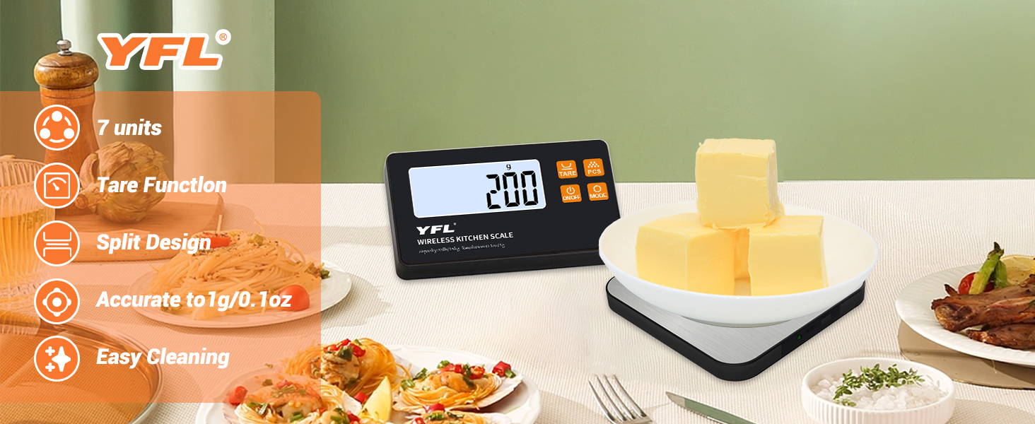 YFL Wireless Kitchen Scale with Detachable Remote Display, 33lb High Precision Digital Scale 1g/0.1oz, Tare Function 7 Units Food Scale for Cooking, Baking, Meal Prep & Dieting