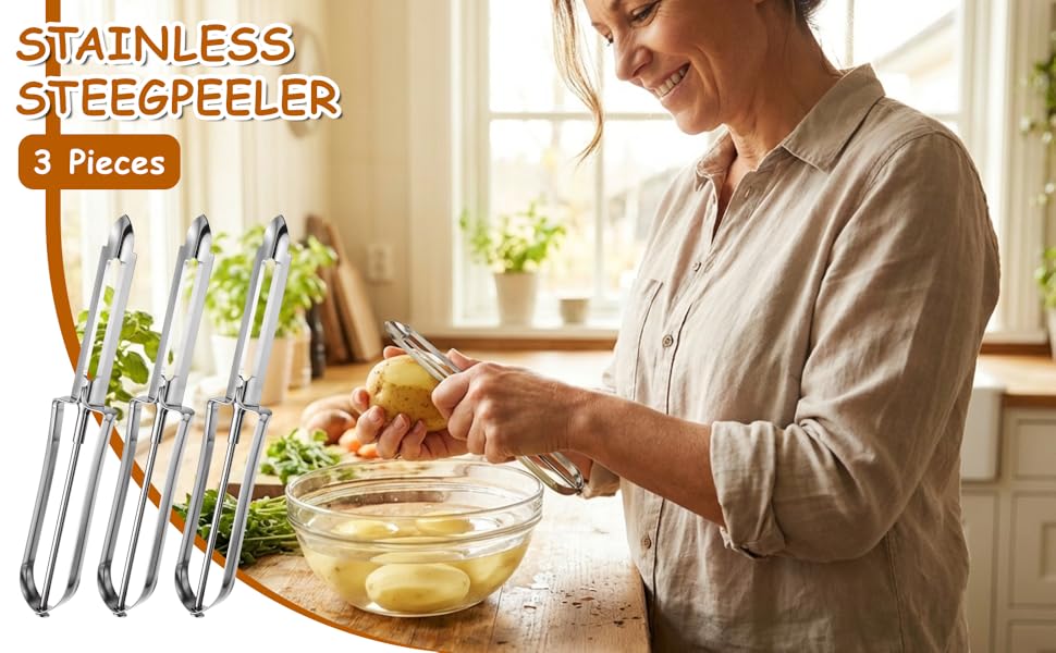 3 Pack Vegetable Peelers for Kitchen, Stainless Steel Fruit Potato Peeler with Easy Grip Ergonomic Handle, Dishwasher Safe Swivel Fruit Peelers