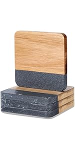 Wood Coasters for Drinks Absorbent with Lip, 4.3 Inch Acacia Wood Grey Felt Coaster with Holder for Wooden Coffee Table for Cups, Mugs, and Glasses - Set of 6