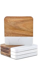 Wood Coasters for Drinks Absorbent with Lip, 4.3 Inch Acacia Wood Grey Felt Coaster with Holder for Wooden Coffee Table for Cups, Mugs, and Glasses - Set of 6