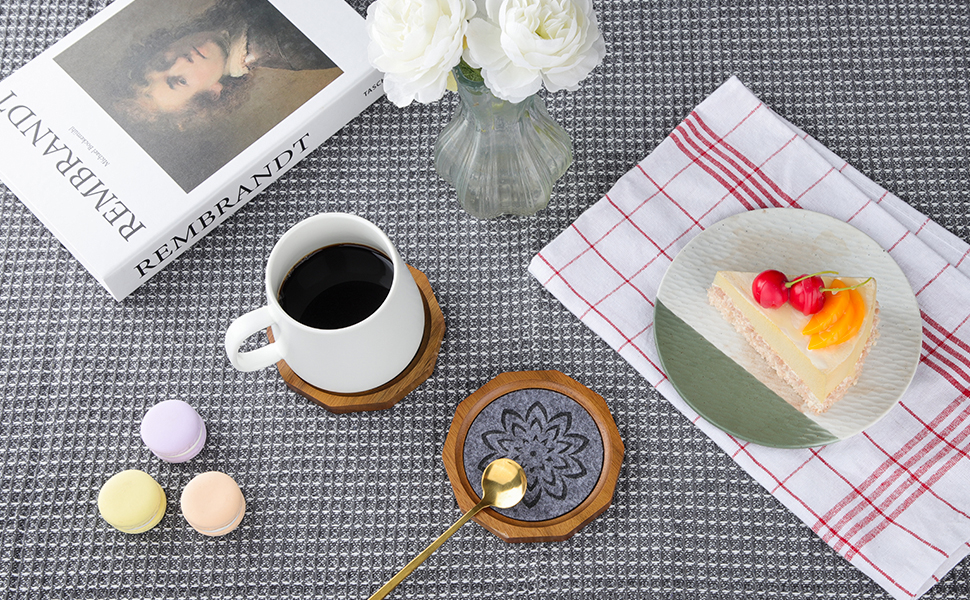Wood Coasters for Drinks Absorbent with Lip, 4.3 Inch Acacia Wood Grey Felt Coaster with Holder for Wooden Coffee Table for Cups, Mugs, and Glasses - Set of 6