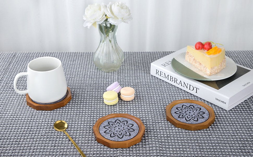 Wood Coasters for Drinks Absorbent with Lip, 4.3 Inch Acacia Wood Grey Felt Coaster with Holder for Wooden Coffee Table for Cups, Mugs, and Glasses - Set of 6