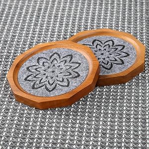 Wood Coasters for Drinks Absorbent with Lip, 4.3 Inch Acacia Wood Grey Felt Coaster with Holder for Wooden Coffee Table for Cups, Mugs, and Glasses - Set of 6