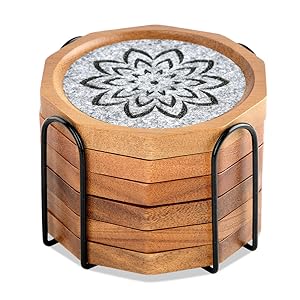 Wood Coasters for Drinks Absorbent with Lip, 4.3 Inch Acacia Wood Grey Felt Coaster with Holder for Wooden Coffee Table for Cups, Mugs, and Glasses - Set of 6