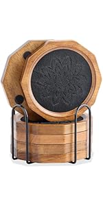 Wood Coasters for Drinks Absorbent with Lip, 4.3 Inch Acacia Wood Grey Felt Coaster with Holder for Wooden Coffee Table for Cups, Mugs, and Glasses - Set of 6