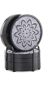 Wood Coasters for Drinks Absorbent with Lip, 4.3 Inch Acacia Wood Grey Felt Coaster with Holder for Wooden Coffee Table for Cups, Mugs, and Glasses - Set of 6