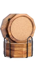 Wood Coasters for Drinks Absorbent with Lip, 4.3 Inch Acacia Wood Grey Felt Coaster with Holder for Wooden Coffee Table for Cups, Mugs, and Glasses - Set of 6