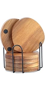 Wood Coasters for Drinks Absorbent with Lip, 4.3 Inch Acacia Wood Grey Felt Coaster with Holder for Wooden Coffee Table for Cups, Mugs, and Glasses - Set of 6