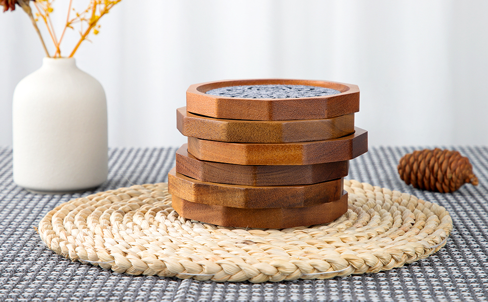 Wood Coasters for Drinks Absorbent with Lip, 4.3 Inch Acacia Wood Grey Felt Coaster with Holder for Wooden Coffee Table for Cups, Mugs, and Glasses - Set of 6