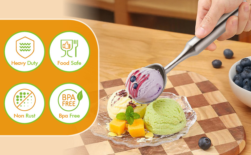 Ice Cream Scoop Stainless Steel. Ice Cream Scooper, Heavy Duty, Seamless Design, Comfortable Grip Long Handle, for Ice Cream, Gelato, Sorbet, Cookie Dough, Melon, Frozen Yogurt