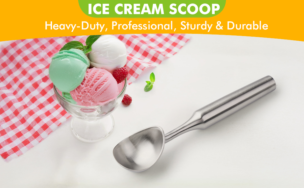 Ice Cream Scoop Stainless Steel. Ice Cream Scooper, Heavy Duty, Seamless Design, Comfortable Grip Long Handle, for Ice Cream, Gelato, Sorbet, Cookie Dough, Melon, Frozen Yogurt